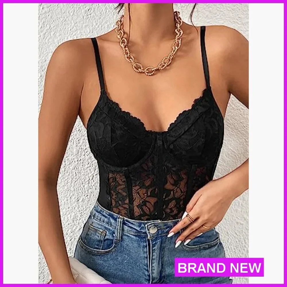 Sheer Mesh Lace Bustier Bodysuit Slim Fit Y2K Chic Shapewear Corset Top